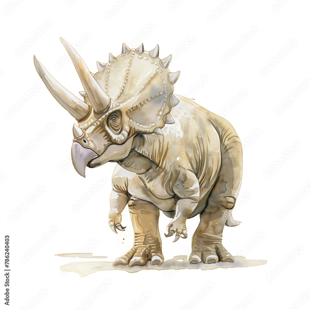 Fototapeta premium Illustration of Triceratops on white background painted with watercolor