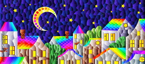 An illustration in the style of a stained glass window with an urban landscape against the background of the night starry sky and the moon