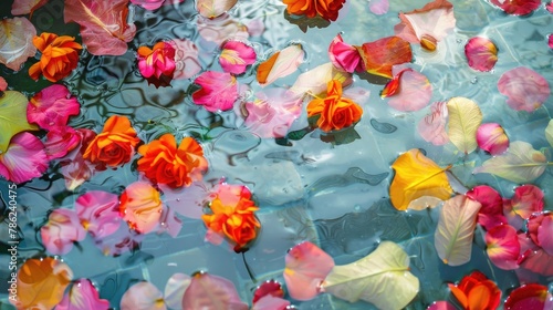 A field of water with tiled surface and vibrant petals © 2rogan