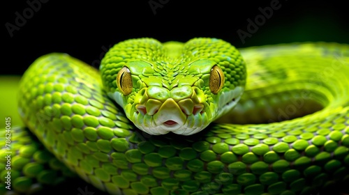 Close up of a vibrant green snake in the dense foliage of a tropical rainforest habitat