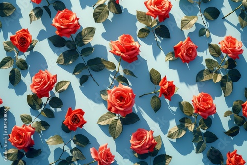 Beautiful Red Roses Arranged on Blue Wall with Sunlight Shadows in Background, Floral Decoration Concept for Background or Wallpaper