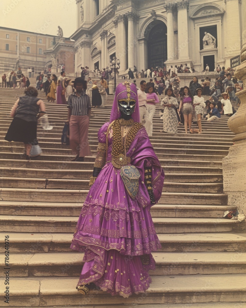 Woman in Purple Dress Standing on the Steps of Piazza San Pietro in Rome, Italy, on a Sunny Day