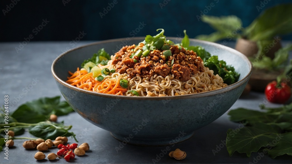 Dan Dan Noodles Spicy noodles topped with minced pork and peanuts. Dan Dan Noodles Spicy noodles topped with minced pork and peanuts.