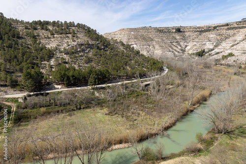 Located In the historic center of Alcalá del Júcar there are two of the caves with the most history in the town. View from  La Cueva del diablo to Jucar River, La manchuela, Albacete Spain