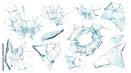 Set of different types of realistic broken glass crac