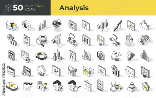 Business and data analysis. Isometric linear icons: analysis to infographics, analytics, and statistics. Collection includes charts, graphs, metrics, and more. Vector illustration