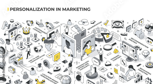 Personalization in marketing isometric illustration. Delivering tailored experiences to customer. Includes concepts: customized content, behavioral targeting, segmentation, customer analysis and more