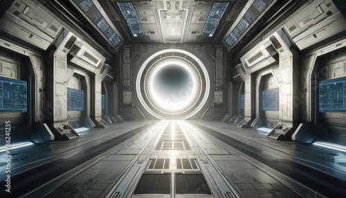 An illuminated portal at the end of a high-tech spaceship corridor, evoking a sense of sci-fi adventure and exploration.