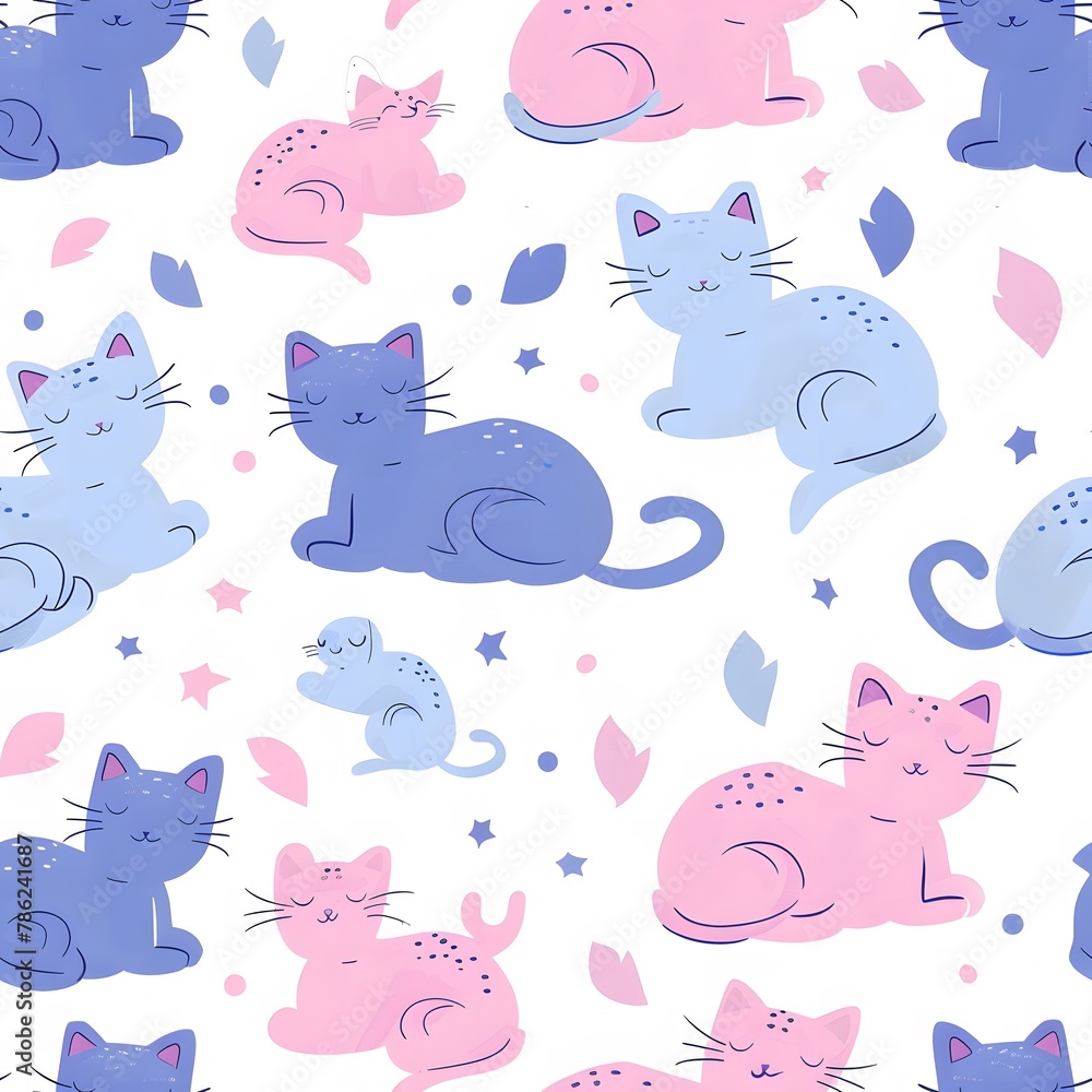 repeating pattern of pastel pink, purple and blue cartoon cats on white background