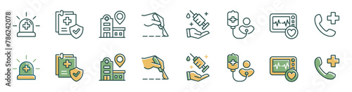 emergency health icon vector set medical rescue patient safety surgery treatment signs illustration for web and app