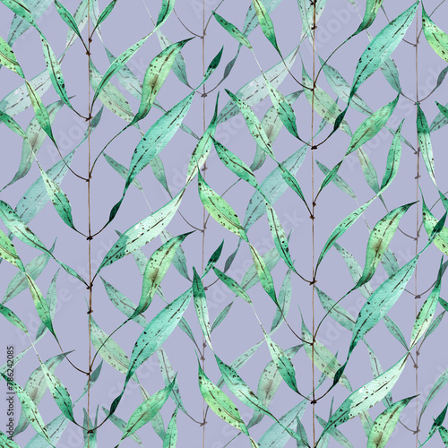 eucalyptus branches seamless pattern on a lilac background, drawn in watercolor for cards, holiday decoration