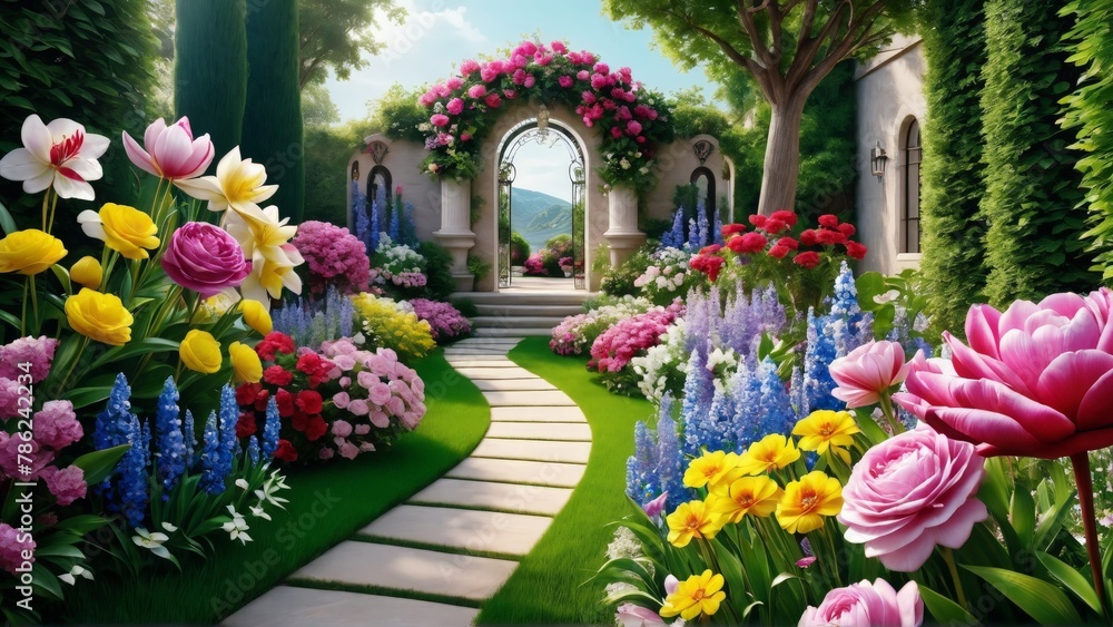 Colorful flowers in the garden on a sunny day. 3d rendering