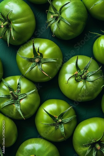 Green tomatoes piled high on dark green background in bók, fresh agricultural harvest concept