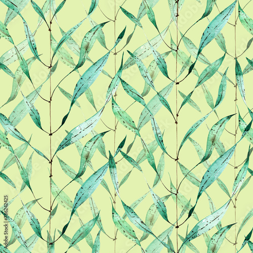 eucalyptus branches seamless pattern on a green background, drawn in watercolor for cards, holiday decoration