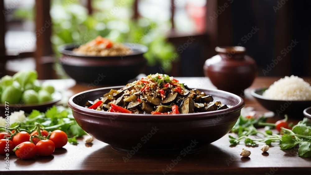 Stir-Fried Eggplant with Garlic Sauce Eggplant stir-fried with garlic, ginger, and spicy sauce. Stir-Fried Eggplant with Garlic Sauce Eggplant stir-fried with garlic, ginger, and spicy sauce.