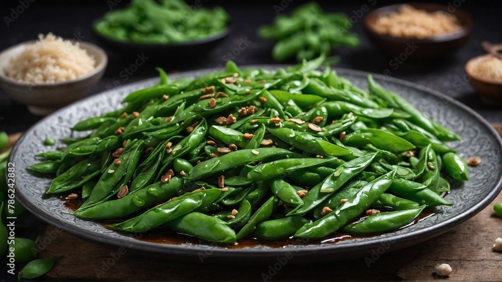 Stir-Fried Snow Peas Snow peas stir-fried with garlic and soy sauce. Stir-Fried Snow Peas Snow peas stir-fried with garlic and soy sauce.