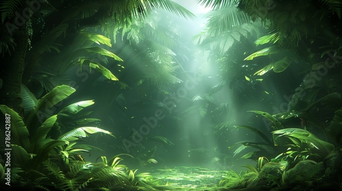Sunlight filters through jungle trees  illuminating the natural landscape