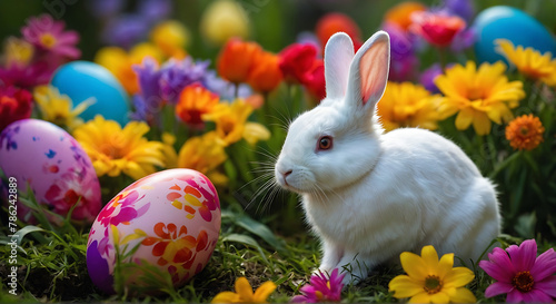 Cute bunny and colorful Easter egg, Easter party concept © HAPIXEL