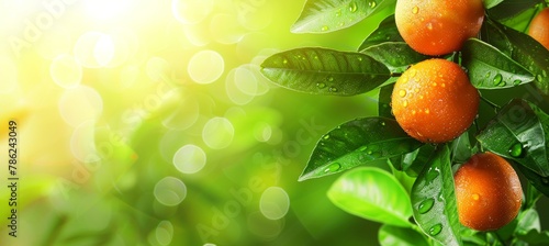 Macro close up of juicy orange fruit on tree with dew drops, ideal for banner with text space