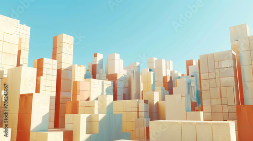The city at noon  its geometric form in light earth tones  basks under a clear sky.