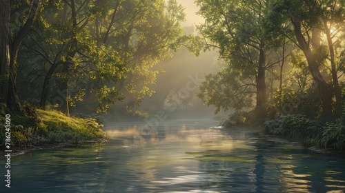 A tranquil river winding its way through a misty forest, with sunlight filtering through the dense canopy and casting a golden glow upon the crystal-clear waters, 