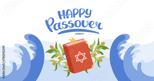 Happy Passover web banner. Invitation background. Tradition icons torus, olive branch, wave red sea. Hand drawn lettering. Horizontal blue Backdrop postcard, poster. Vector flat illustration.