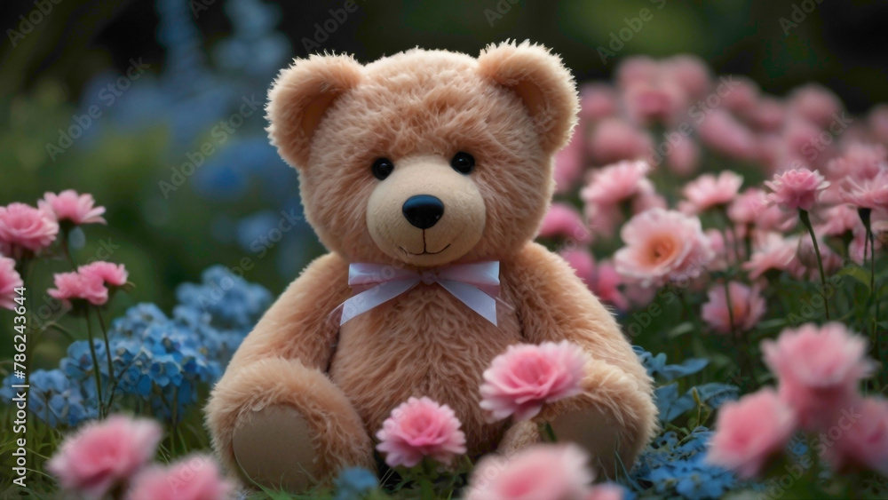 teady bear placed in the shinny dark gradient background with abstract flowers in the hand of colorful pink purple green blue and many others color with rose flowers abstract background with fluffy teady bear placed in the shinny dark gradient background with abstract flowers in the hand of colorful pink purple green blue and many others color with rose flowers abstract background with fluffy