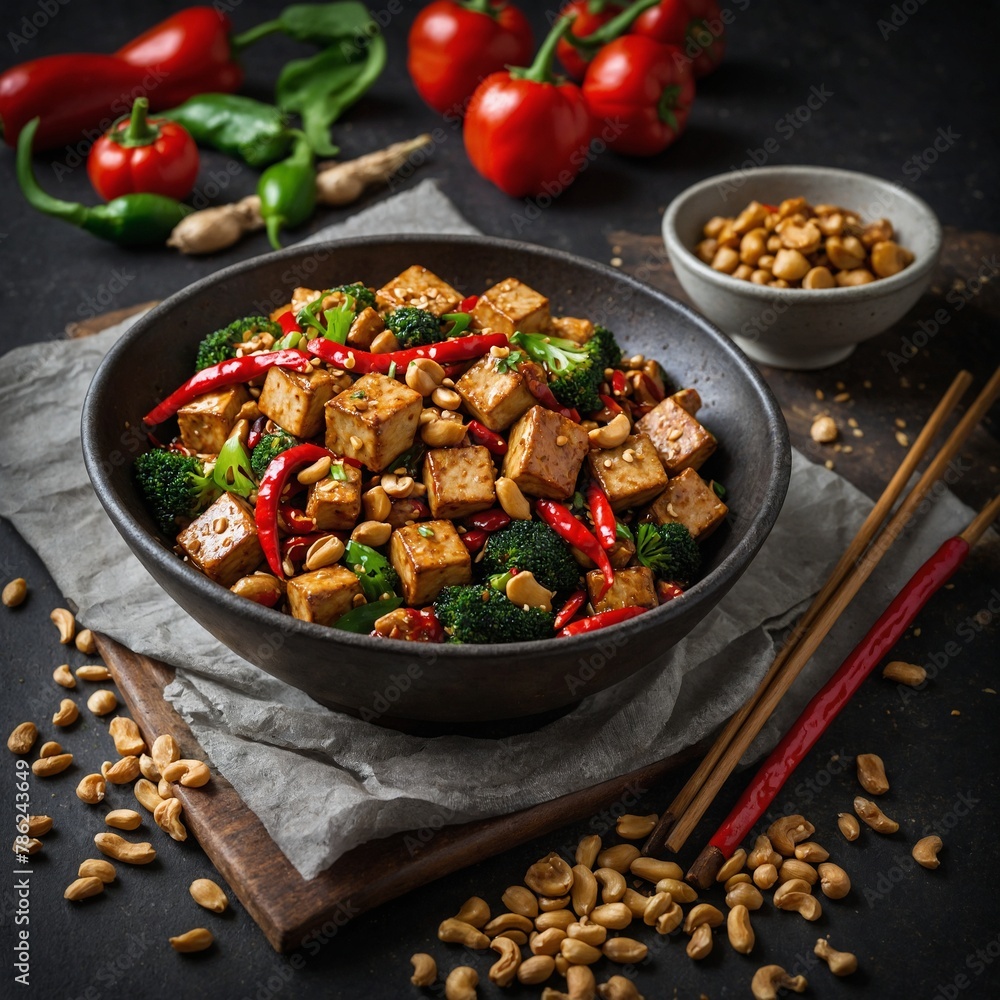 Fototapeta premium Vegetarian Kung Pao Tofu Spicy tofu stir-fry with peanuts, vegetables, and chili peppers.