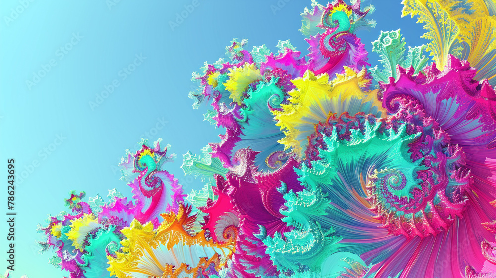 Exuberant fractals in tropical colors explode against a backdrop of clear blue skies.