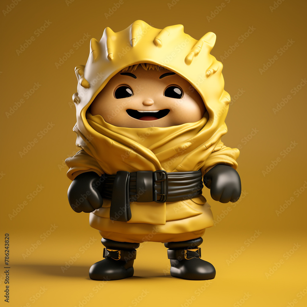Fototapeta premium cute realistic yellow siomai smiling, with small arms and legs, wearing black gloves and boots сreated with Generative Ai