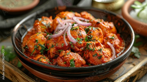 Red dry Indian chicken 65 with onion topping in a bowl of traditional Indian background " ai generated "