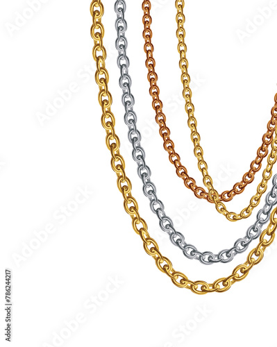 Gold necklaces Isolated on white. Golden chain vector illustration. Golden necklace for ads, flyers, web site, sale banners. 