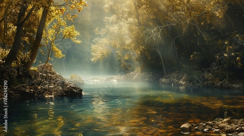 A tranquil river winding its way through a misty forest, with sunlight filtering through the dense canopy and casting a golden glow upon the crystal-clear waters,