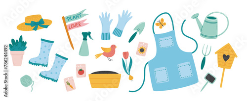 Gardening accessories and tools set. Plants and garden hobby elements collection. Flat vector illustrations 