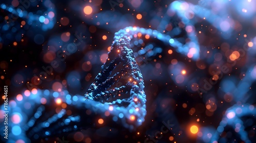 An abstract visualization of a glowing DNA double helix, symbolizing the building blocks of life amidst a bokeh of sparkling lights, reflecting the profound complexity of genetic science.