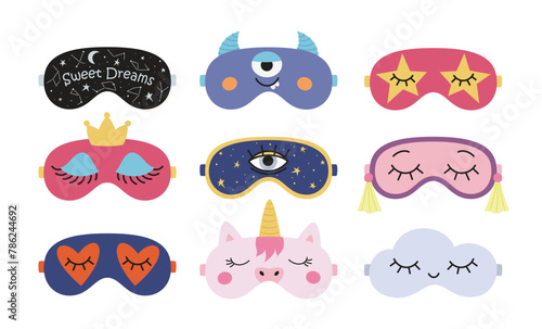 Set of funny sleep eye masks. Night accessory for healthy sleeping, travel and recreation. Isolated vector illustrations on white background