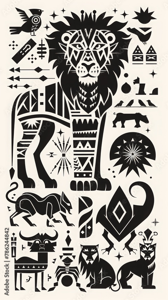 Fototapeta premium A monochromatic abstract illustration featuring African motifs and symbols with a lion as the central figure.