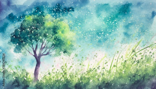One tree in the meadow, watercolor style illustration background.