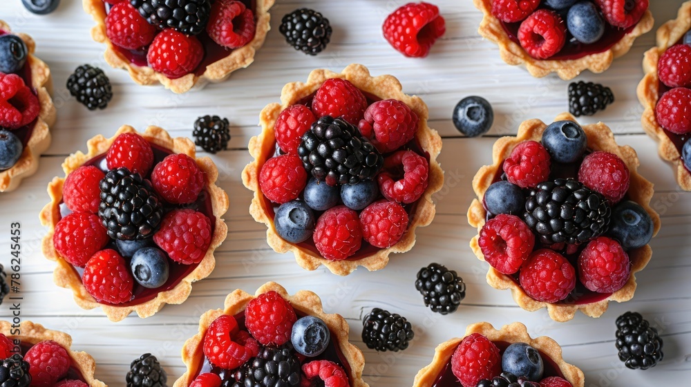 Obraz premium Berry tartlets on a white wooden surface