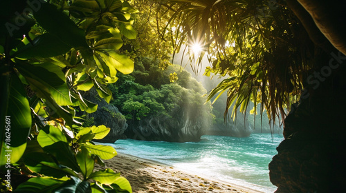  Sunlight filtering through the emerald leaves of lush tropical foliage framing a hidden beach cove