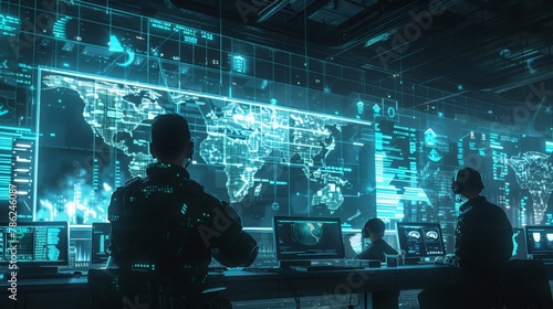 A futuristic depiction of combat in a cyber warfare operations center, with analysts and soldiers coordinating digital attacks and defenses, showcasing the evolving face of warfare in the digital age.