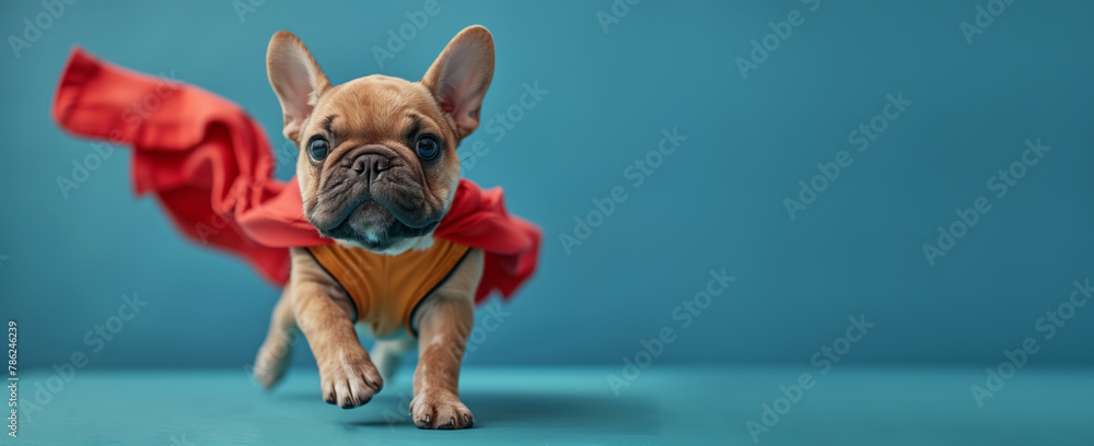 Fawn French Bulldog puppy in red cape runs playfully