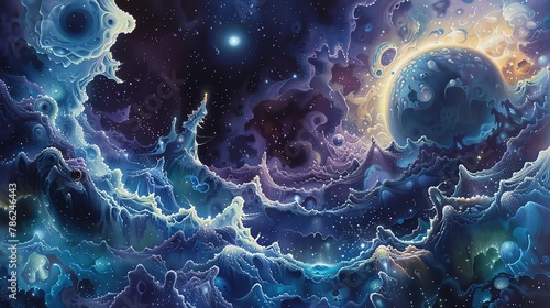 Embark on a Surrealistic Space Odyssey showcasing intricate details and imaginative forms Utilize oil painting techniques to create a dreamlike aerial view of a cosmic landscape