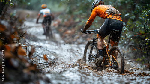 Intense focus and determination are captured as mountain bikers race through a muddy forest trail, with splashes flying around them, showcasing the exhilarating spirit of off-road cycling. © John