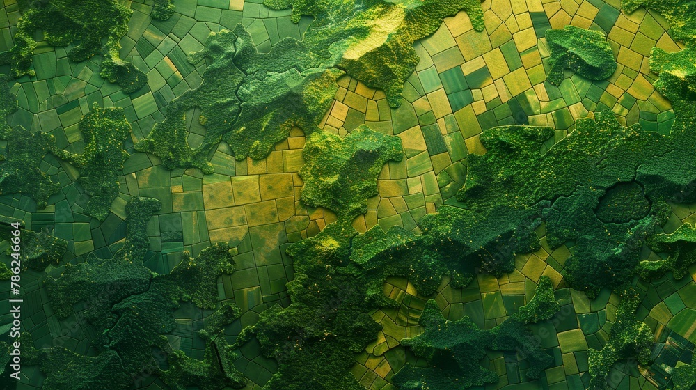 Obraz premium Aerial view of vivid green farmland fields in a charming european countryside village