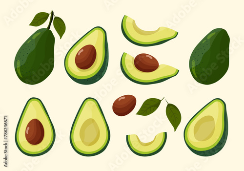 Avocado set. Bright green whole fruit , half, slice, with bone. Products for healthy diet. Vector flat illustration on isolated light background.