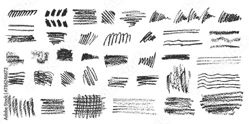 Charcoal pencil hand drawing curly lines, splash, squiggles and shapes. Black elements on white background. Grunge chalk crayon scribbles doodles textures. Rough crayon strokes. Vector illustration