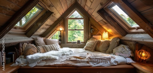 A cozy attic retreat with sloped ceilings, skylights, and a plush window seat.