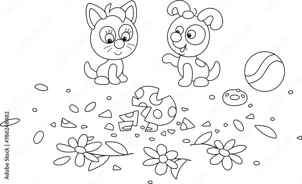 Frolicsome little kitten and puppy looking at fragments of a broken beautiful vase with flowers after a merry game with a toy ball, black and white vector cartoon illustration for a coloring book