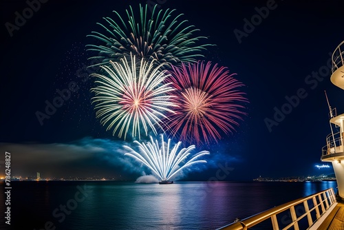 sea, ship, fireworks